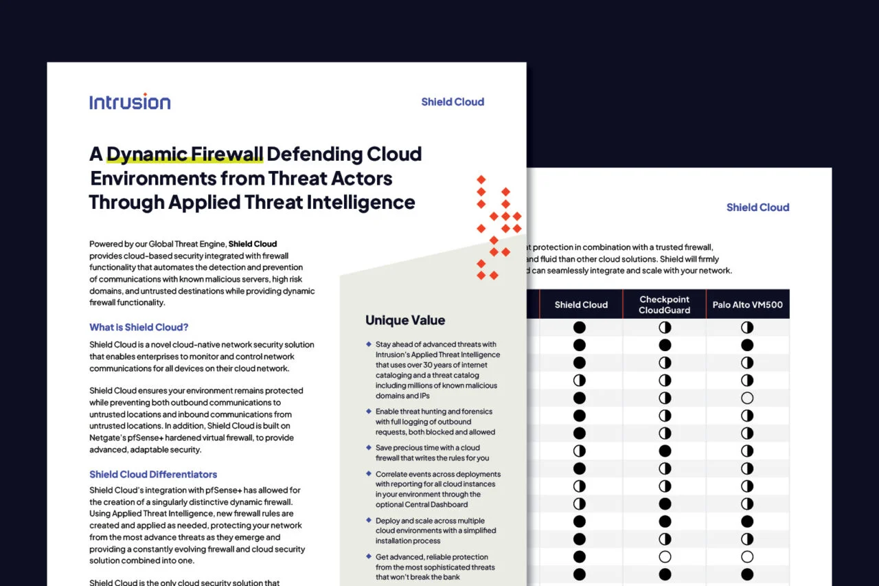 Intrusion Shield Cloud datasheet describing dynamic firewall and cloud-native security solution. Highlights unique values such as automated applied threat intelligence, threat hunting, cloud-wide deployments, and cost-effective scaling. Includes comparison chart against Checkpoint CloudGuard and Palo Alto VM500 solutions.