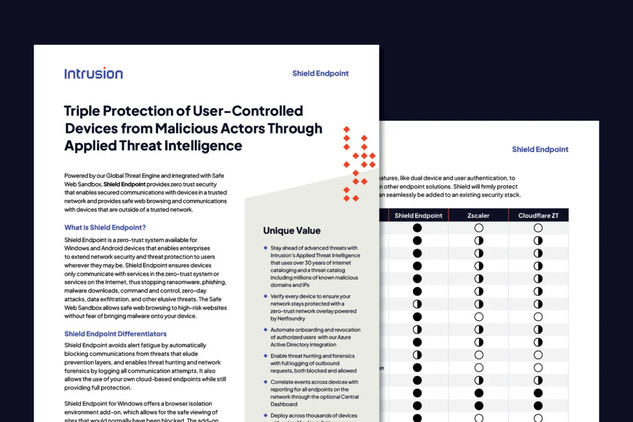 Intrusion Shield Endpoint datasheet describing zero-trust endpoint protection for Windows and Android devices. Highlights unique value points such as blocking malicious communications, threat hunting, Azure Active Directory integration, and comparison chart against Zscaler and Cloudflare solutions.
