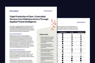 Intrusion Shield Endpoint datasheet describing zero-trust endpoint protection for Windows and Android devices. Highlights unique value points such as blocking malicious communications, threat hunting, Azure Active Directory integration, and comparison chart against Zscaler and Cloudflare solutions.