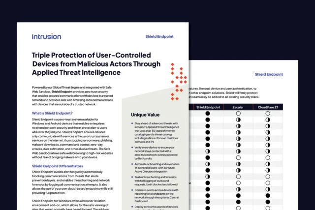 Intrusion Shield Endpoint datasheet describing zero-trust endpoint protection for Windows and Android devices. Highlights unique value points such as blocking malicious communications, threat hunting, Azure Active Directory integration, and comparison chart against Zscaler and Cloudflare solutions.