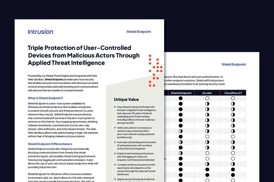 Intrusion Shield Endpoint datasheet describing zero-trust endpoint protection for Windows and Android devices. Highlights unique value points such as blocking malicious communications, threat hunting, Azure Active Directory integration, and comparison chart against Zscaler and Cloudflare solutions.