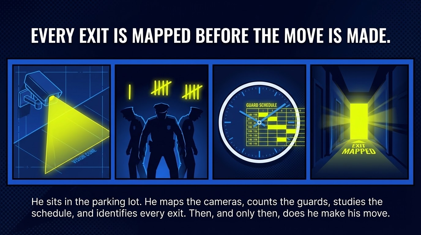 Every exit is mapped before the move is made.